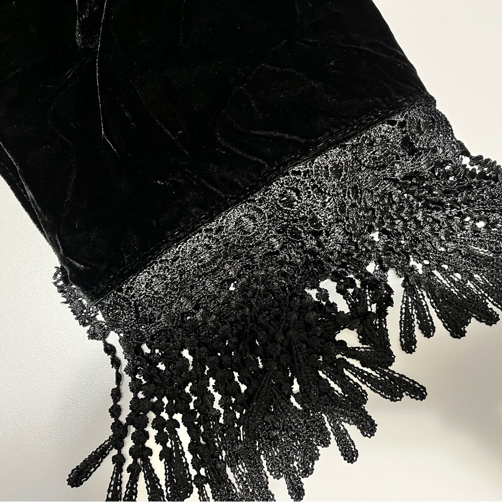 Black Velvet Scarf / Shawl with Lace Trim - Picture 3 of 4